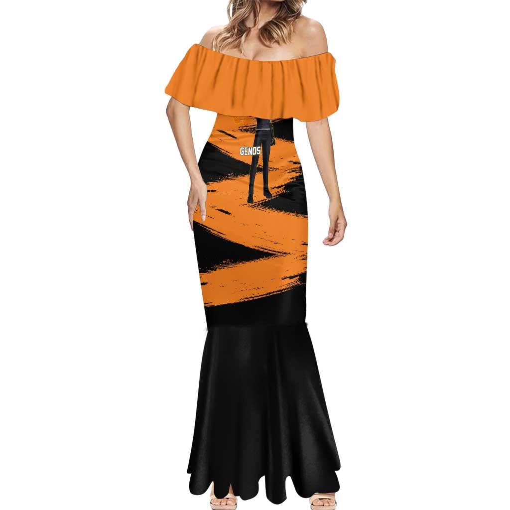 Genos One Punch Man Anime Orange and Black Theme Mermaid Dress with Cyborg Arm Blast and Intense Action Pose - The Mazicc