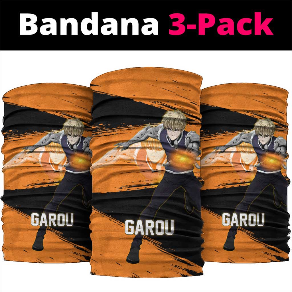 Genos One Punch Man Anime Orange and Black Theme Neck Gaiter with Cyborg Arm Blast and Intense Action Pose - The Mazicc