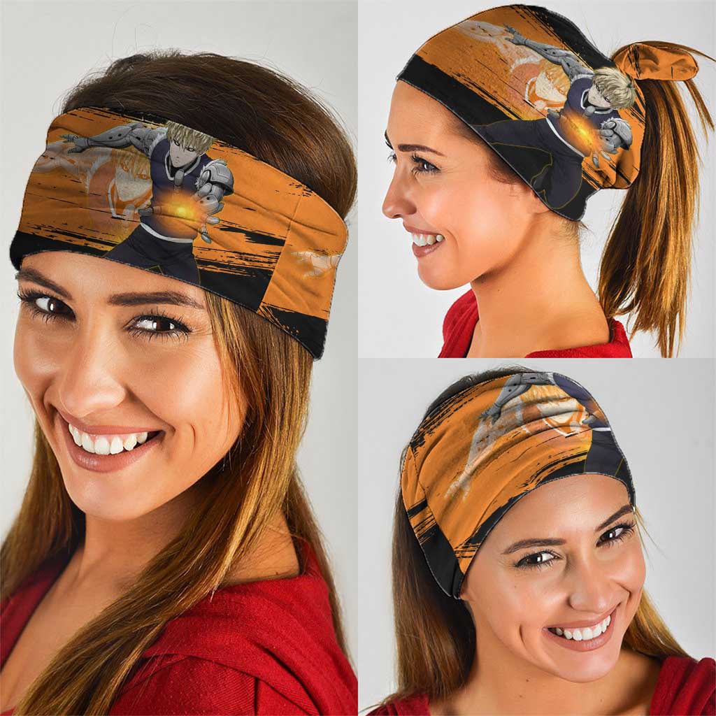 Genos One Punch Man Anime Orange and Black Theme Neck Gaiter with Cyborg Arm Blast and Intense Action Pose - The Mazicc