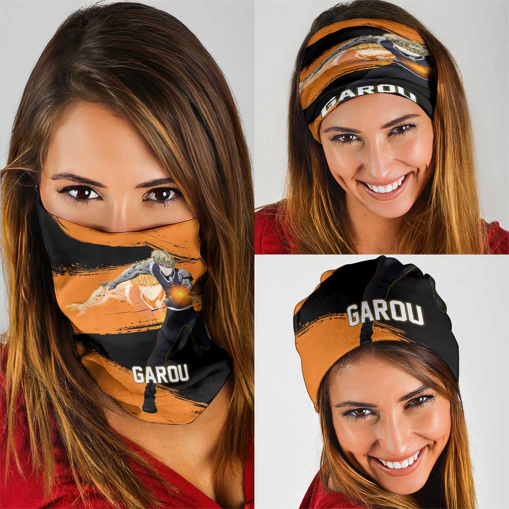 Genos One Punch Man Anime Orange and Black Theme Neck Gaiter with Cyborg Arm Blast and Intense Action Pose - The Mazicc
