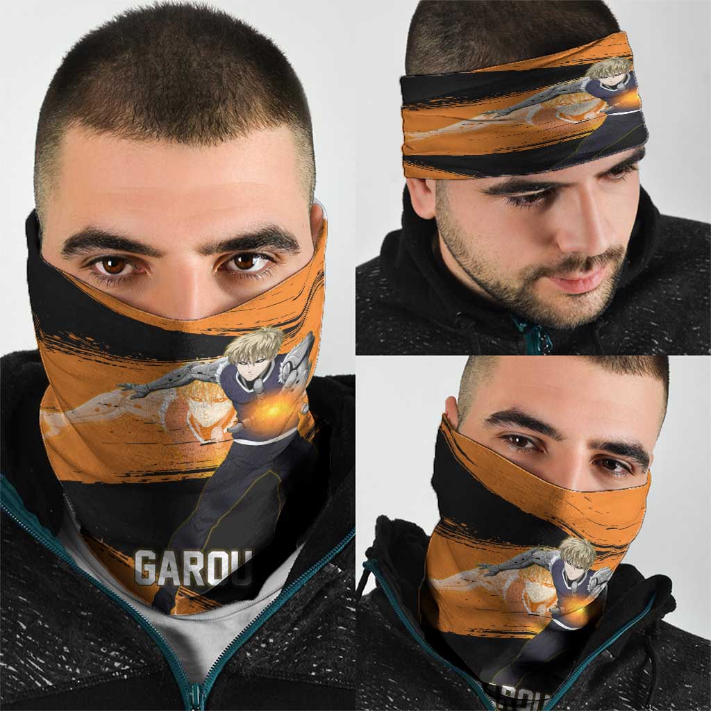 Genos One Punch Man Anime Orange and Black Theme Neck Gaiter with Cyborg Arm Blast and Intense Action Pose - The Mazicc