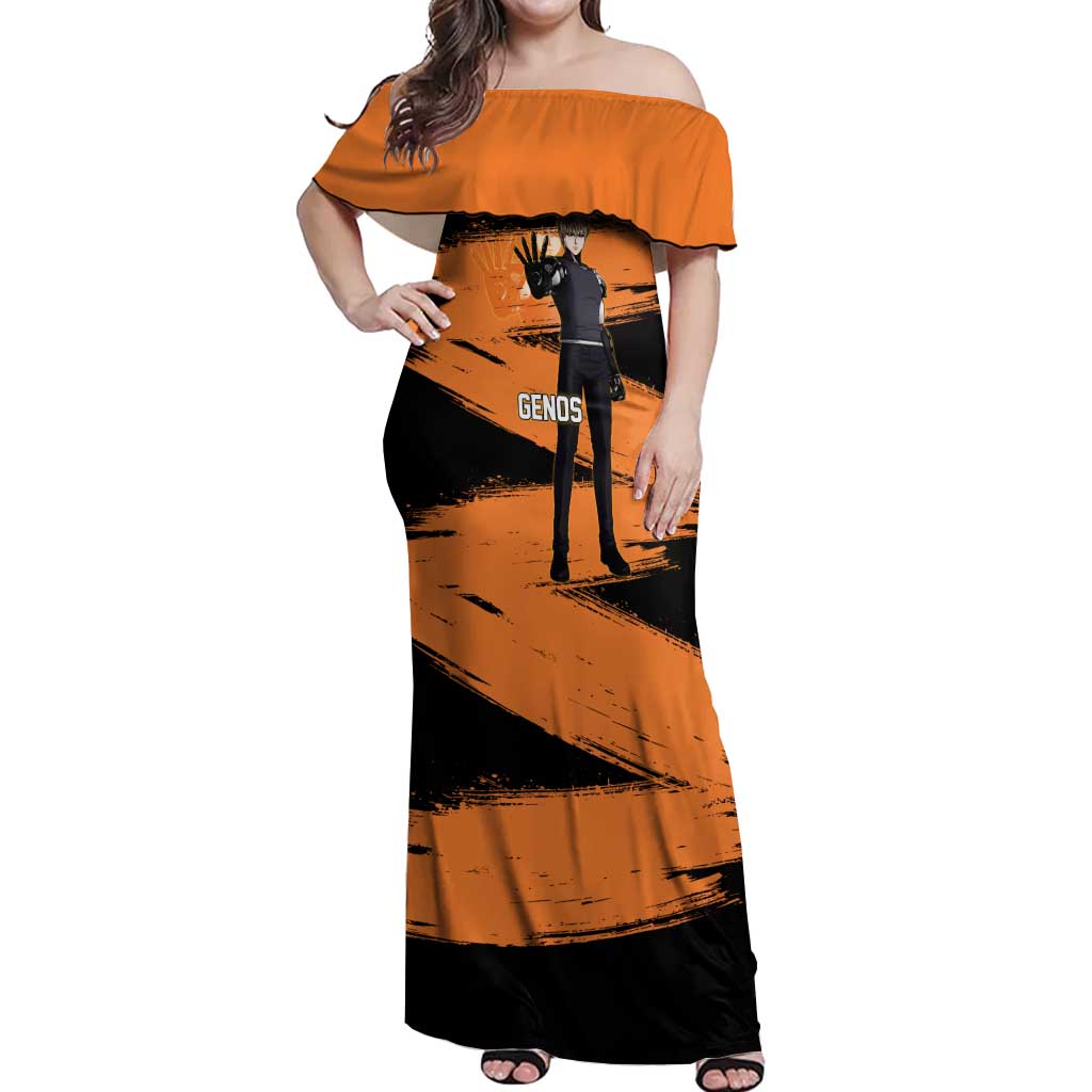Genos One Punch Man Anime Orange and Black Theme Off Shoulder Maxi Dress with Cyborg Arm Blast and Intense Action Pose - The Mazicc