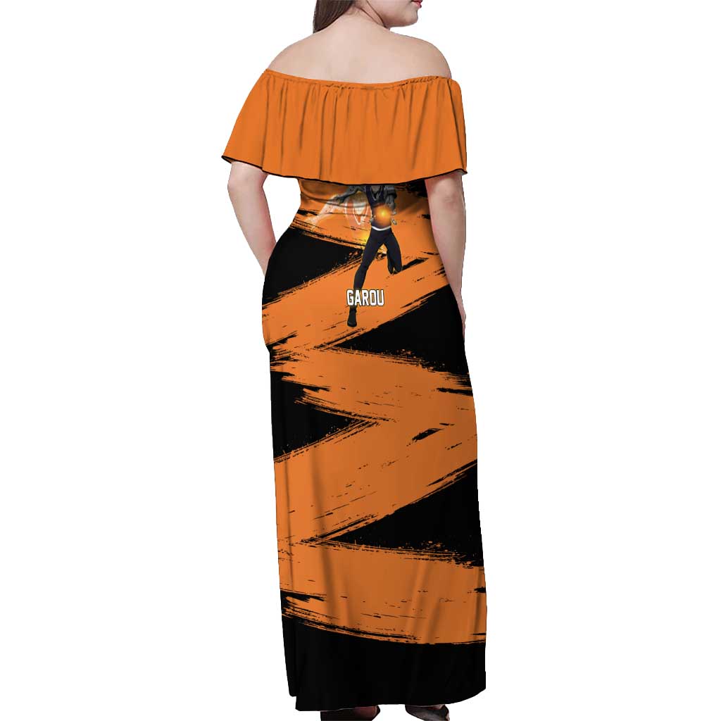 Genos One Punch Man Anime Orange and Black Theme Off Shoulder Maxi Dress with Cyborg Arm Blast and Intense Action Pose - The Mazicc