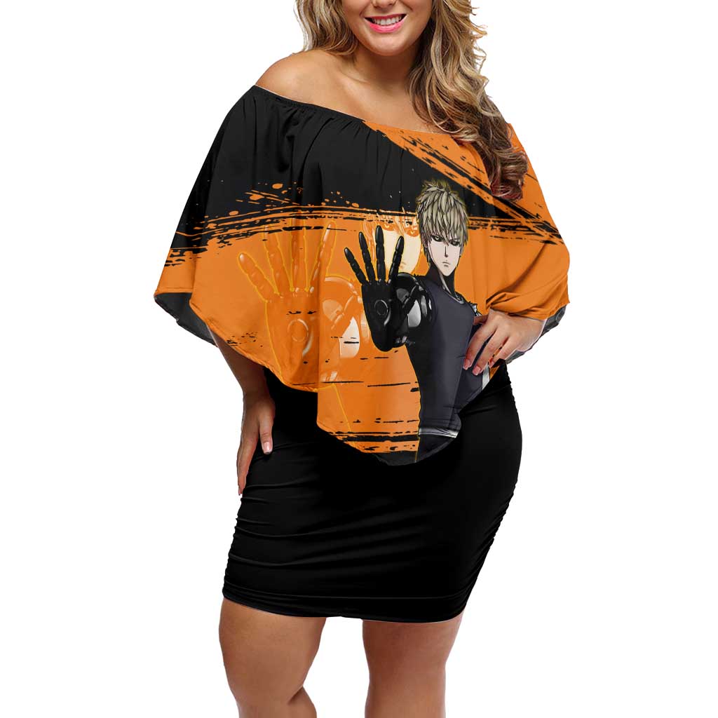 Genos One Punch Man Anime Orange and Black Theme Off Shoulder Short Dress with Cyborg Arm Blast and Intense Action Pose - The Mazicc