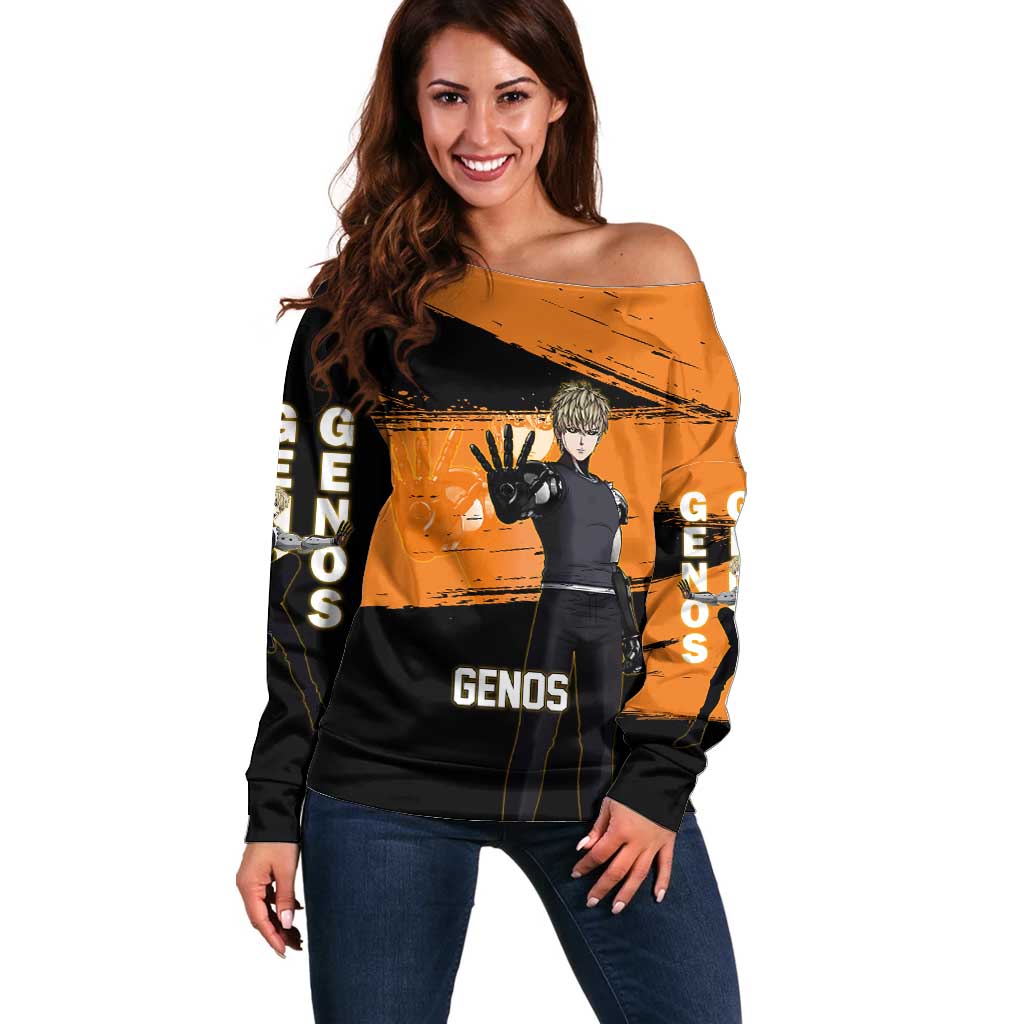 Genos One Punch Man Anime Orange and Black Theme Off Shoulder Sweater with Cyborg Arm Blast and Intense Action Pose - The Mazicc