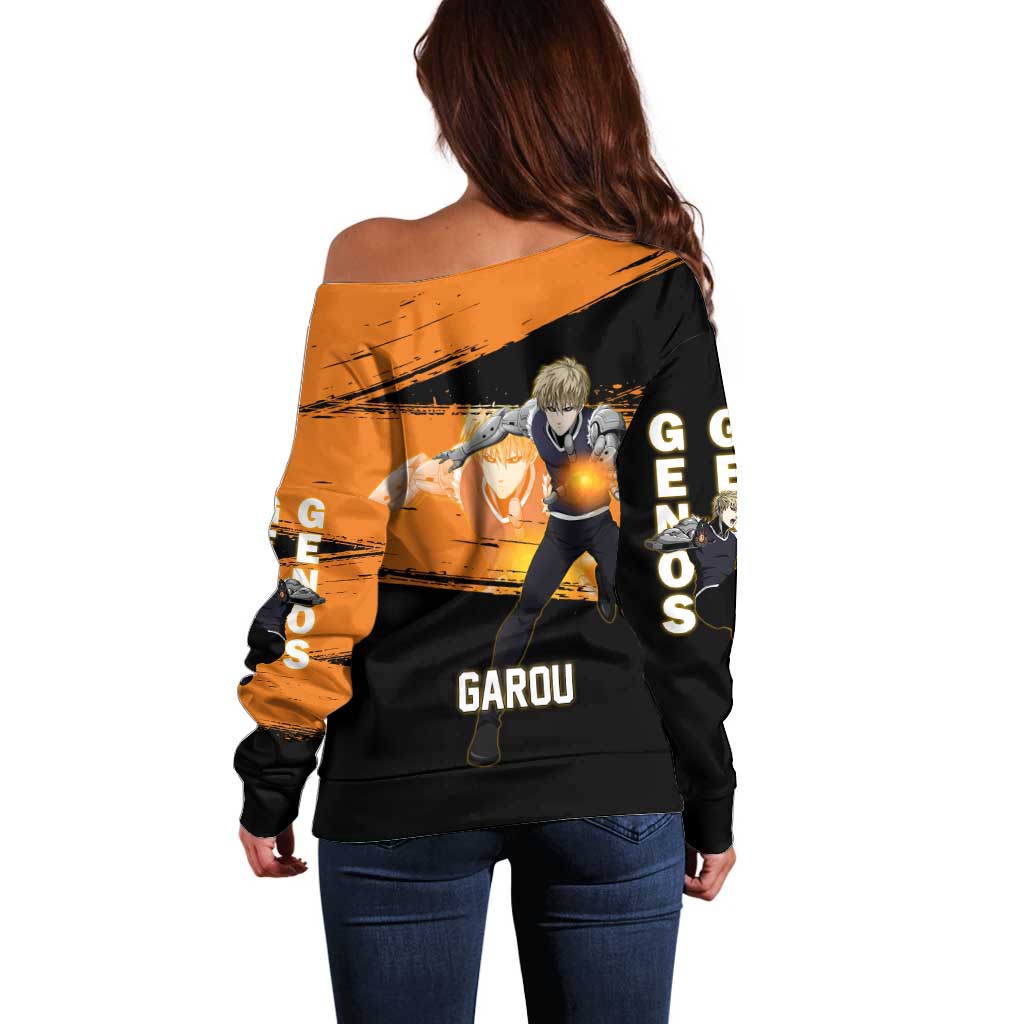 Genos One Punch Man Anime Orange and Black Theme Off Shoulder Sweater with Cyborg Arm Blast and Intense Action Pose - The Mazicc