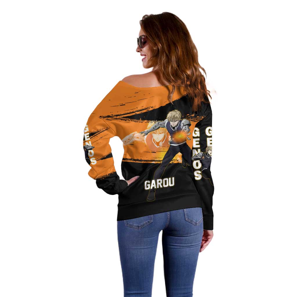 Genos One Punch Man Anime Orange and Black Theme Off Shoulder Sweater with Cyborg Arm Blast and Intense Action Pose - The Mazicc