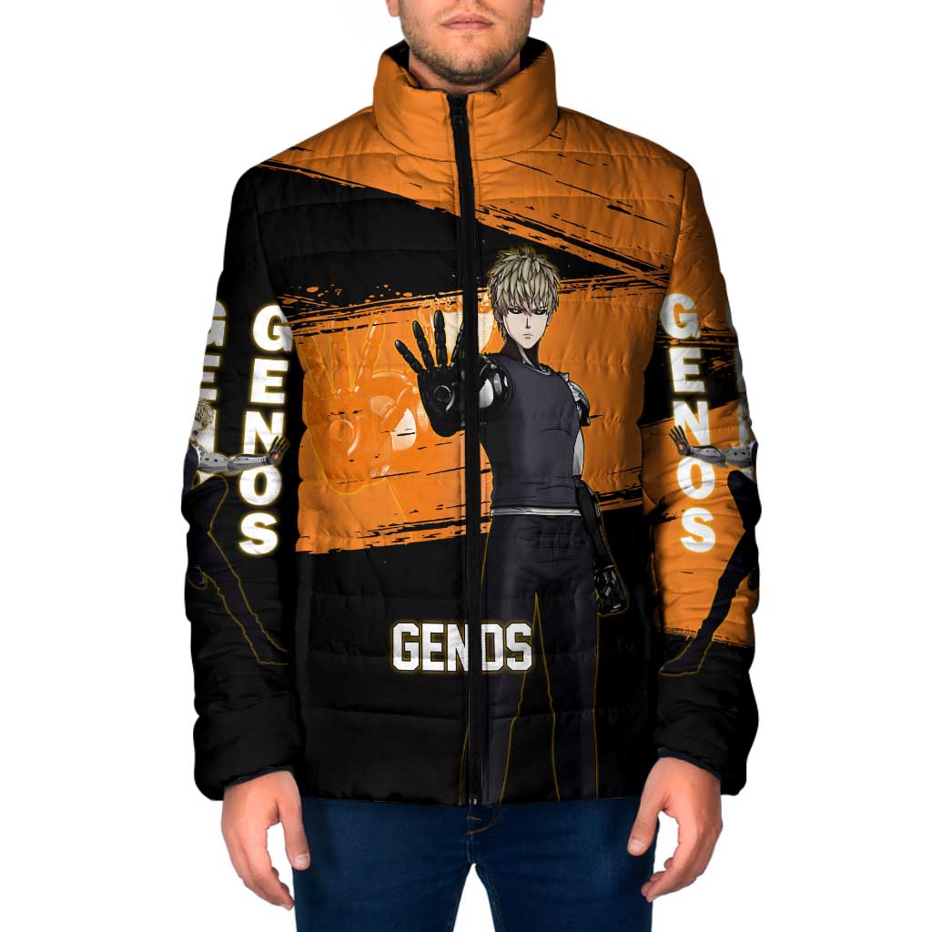 Genos One Punch Man Anime Orange and Black Theme Padded Jacket with Cyborg Arm Blast and Intense Action Pose - The Mazicc