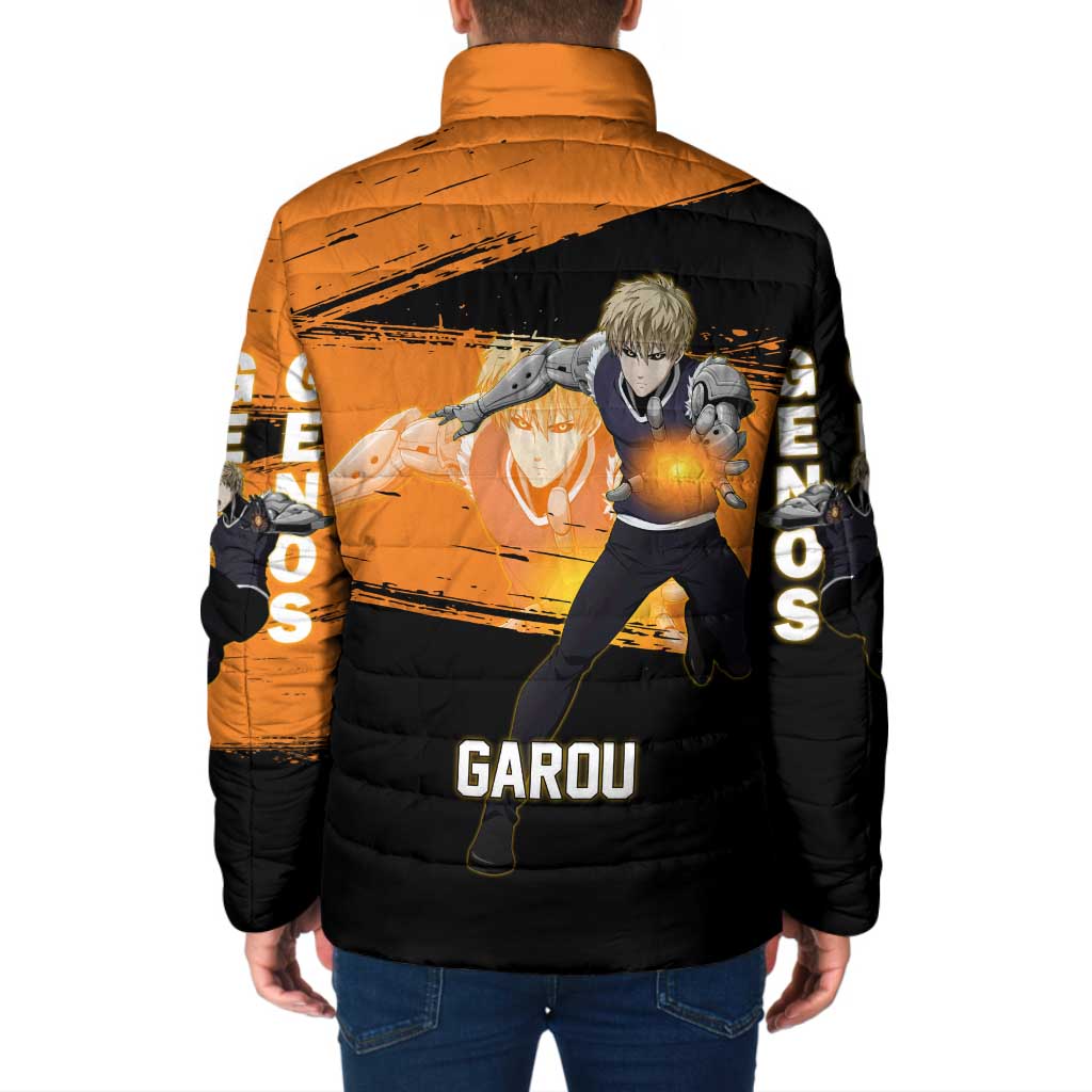 Genos One Punch Man Anime Orange and Black Theme Padded Jacket with Cyborg Arm Blast and Intense Action Pose - The Mazicc