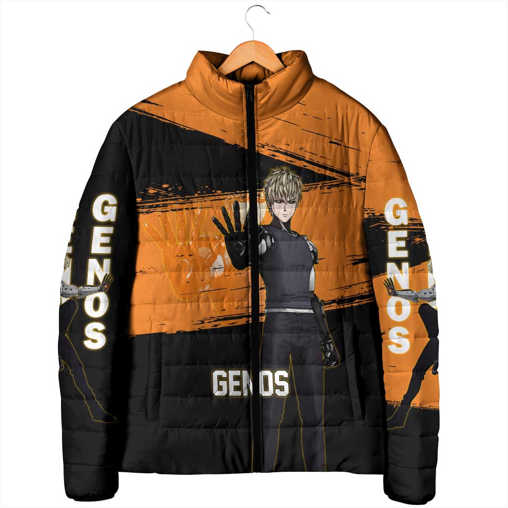 Genos One Punch Man Anime Orange and Black Theme Padded Jacket with Cyborg Arm Blast and Intense Action Pose - The Mazicc