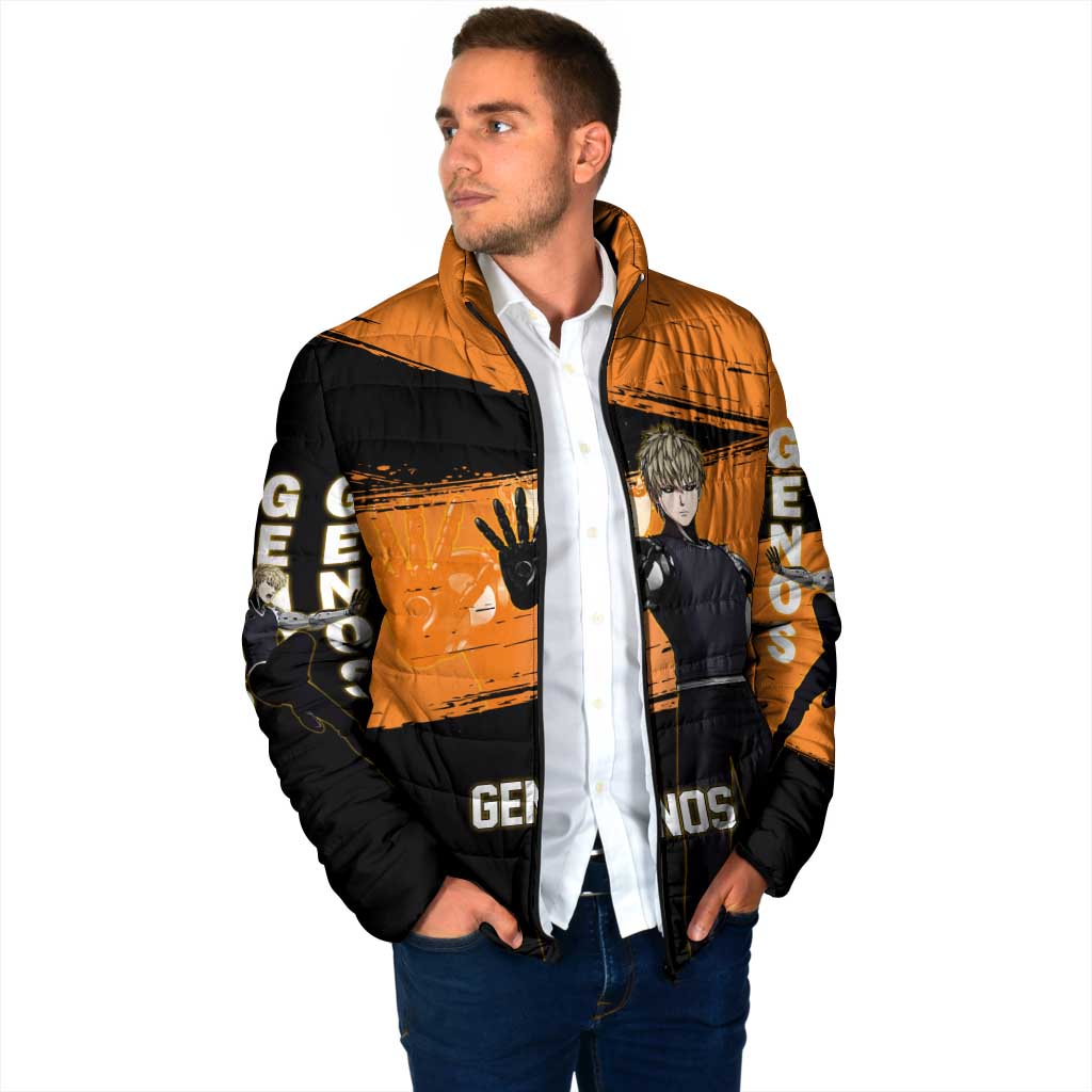 Genos One Punch Man Anime Orange and Black Theme Padded Jacket with Cyborg Arm Blast and Intense Action Pose - The Mazicc