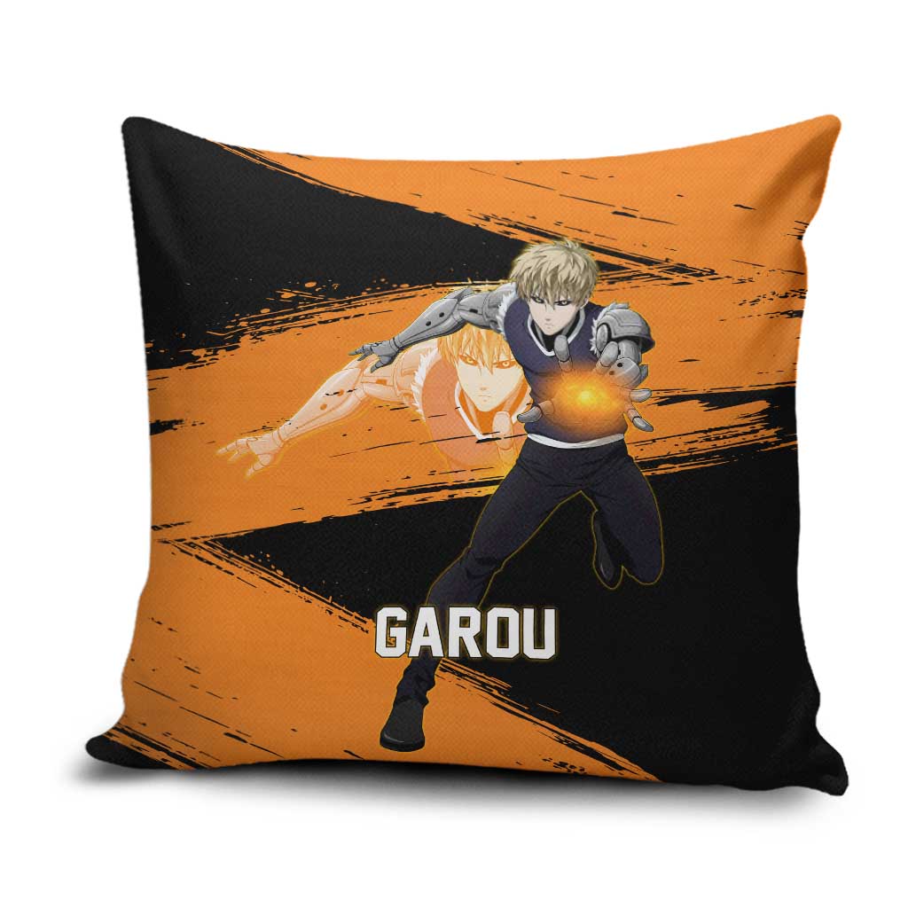Genos One Punch Man Anime Orange and Black Theme Pillow Cover with Cyborg Arm Blast and Intense Action Pose - The Mazicc