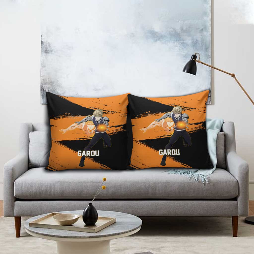 Genos One Punch Man Anime Orange and Black Theme Pillow Cover with Cyborg Arm Blast and Intense Action Pose - The Mazicc