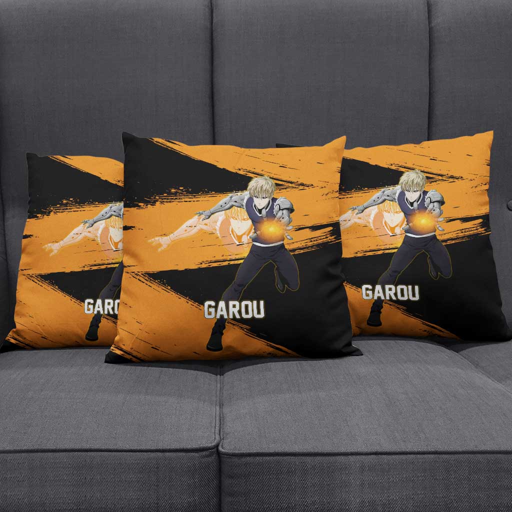 Genos One Punch Man Anime Orange and Black Theme Pillow Cover with Cyborg Arm Blast and Intense Action Pose - The Mazicc
