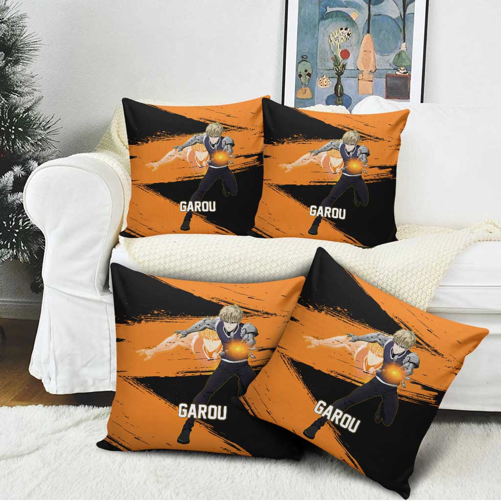 Genos One Punch Man Anime Orange and Black Theme Pillow Cover with Cyborg Arm Blast and Intense Action Pose - The Mazicc