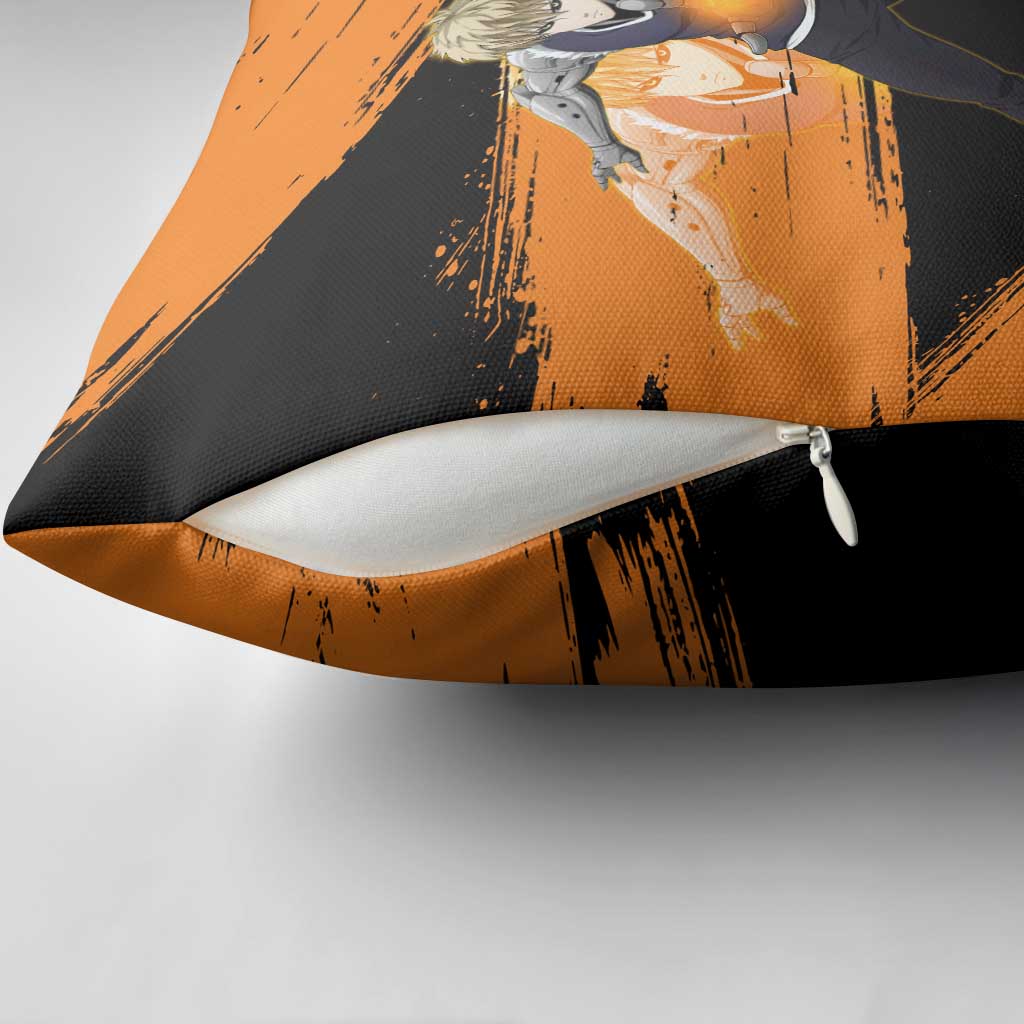 Genos One Punch Man Anime Orange and Black Theme Pillow Cover with Cyborg Arm Blast and Intense Action Pose - The Mazicc