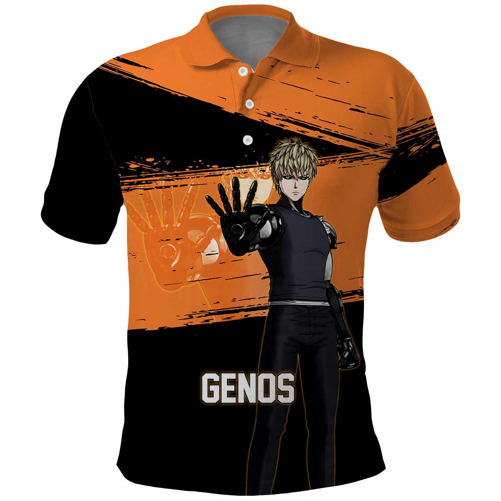Genos One Punch Man Anime Orange and Black Theme Polo Shirt with Cyborg Arm Blast and Intense Action Pose - The Mazicc