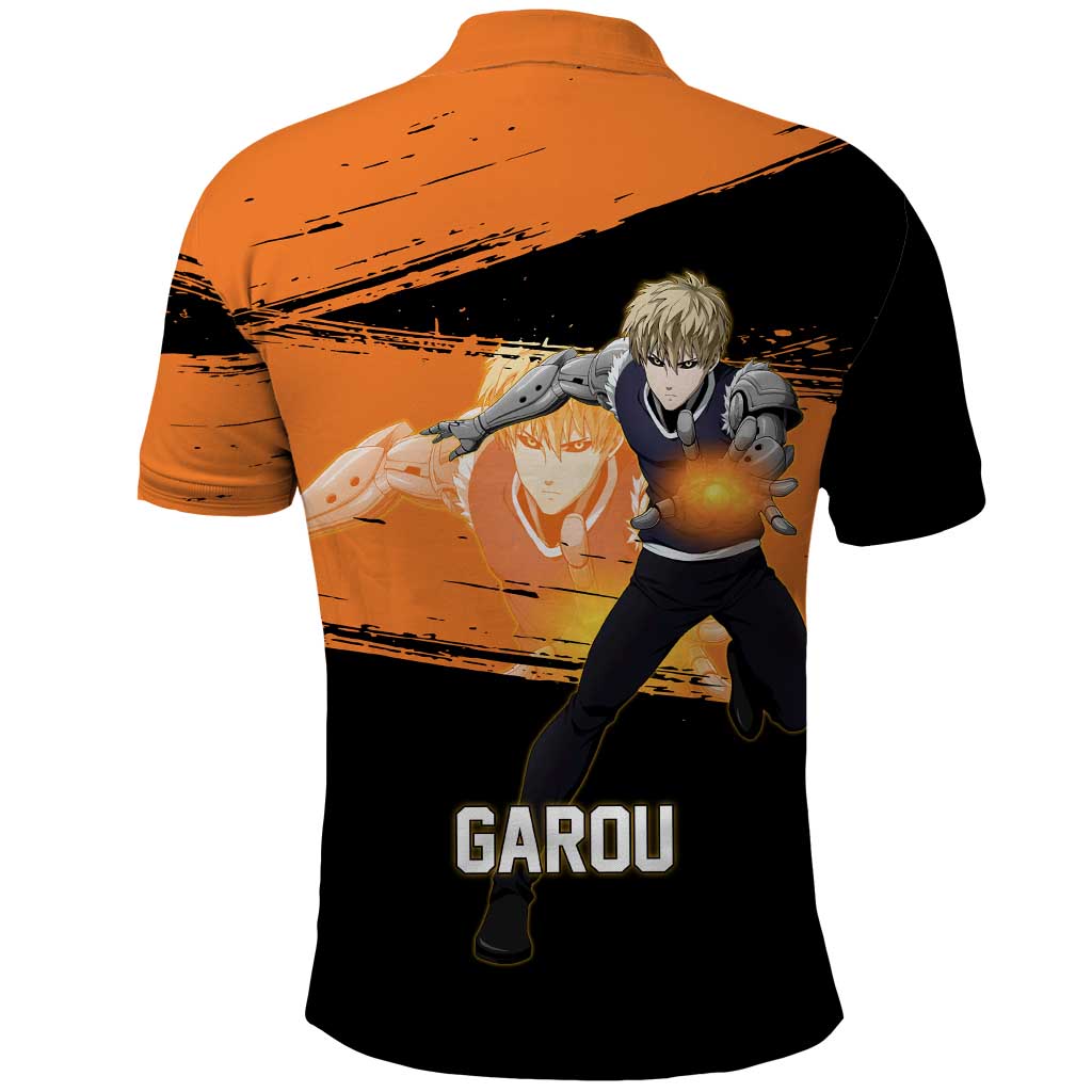 Genos One Punch Man Anime Orange and Black Theme Polo Shirt with Cyborg Arm Blast and Intense Action Pose - The Mazicc