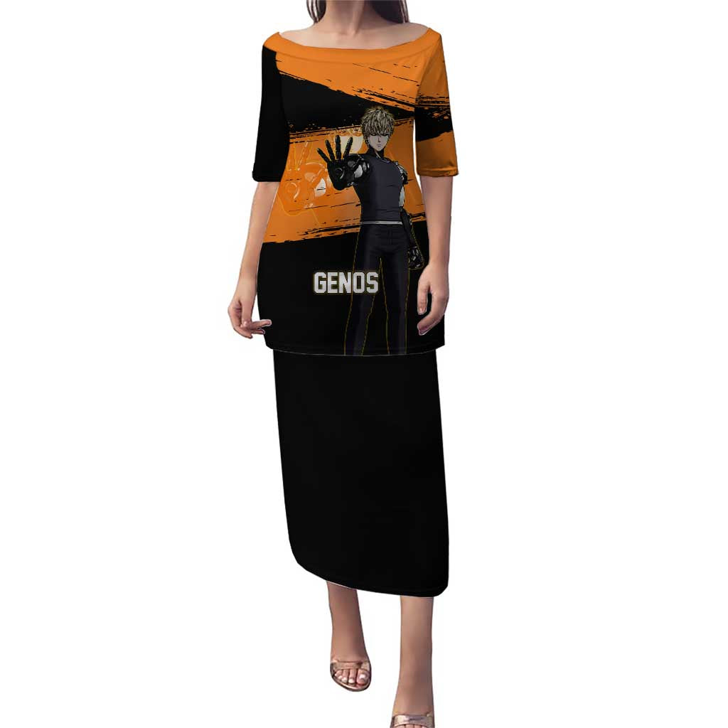 Genos One Punch Man Anime Orange and Black Theme Puletasi with Cyborg Arm Blast and Intense Action Pose - The Mazicc