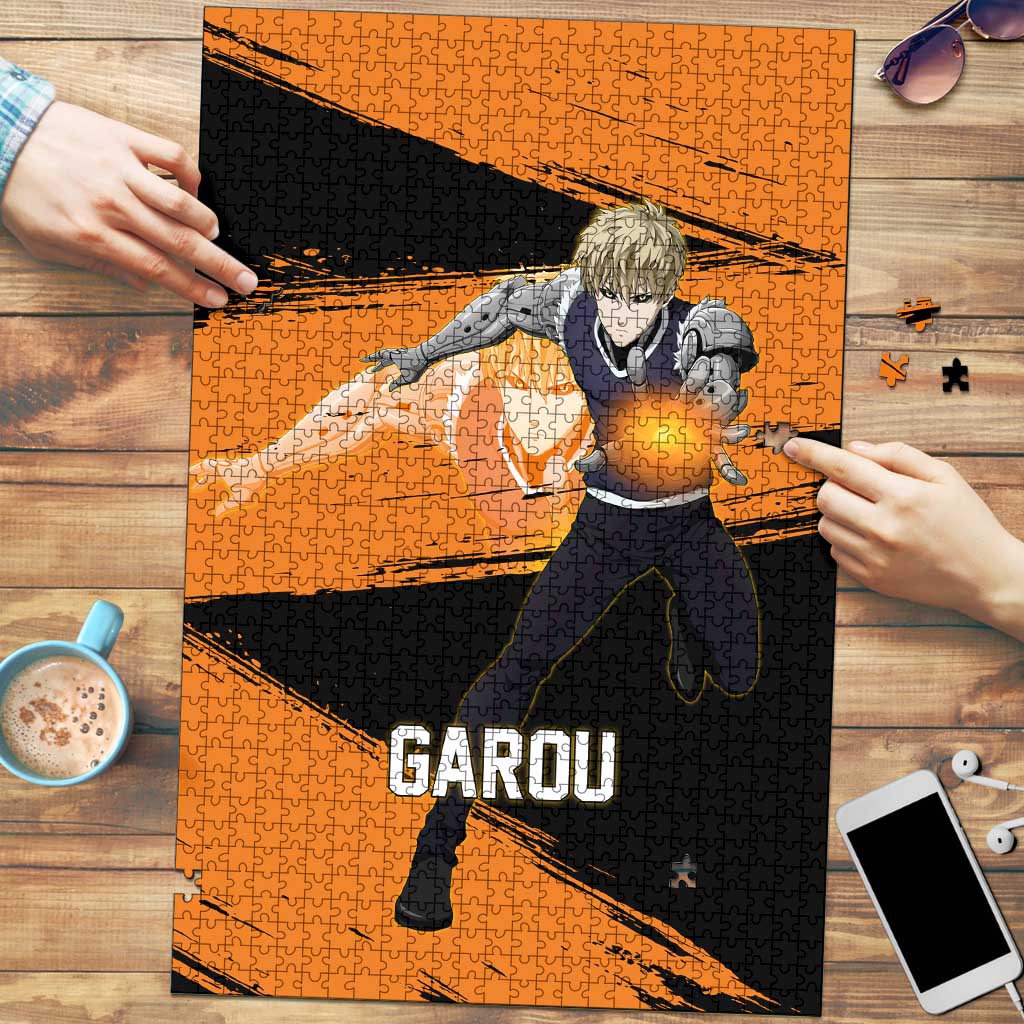 Genos One Punch Man Anime Orange and Black Theme Puzzle with Cyborg Arm Blast and Intense Action Pose - The Mazicc