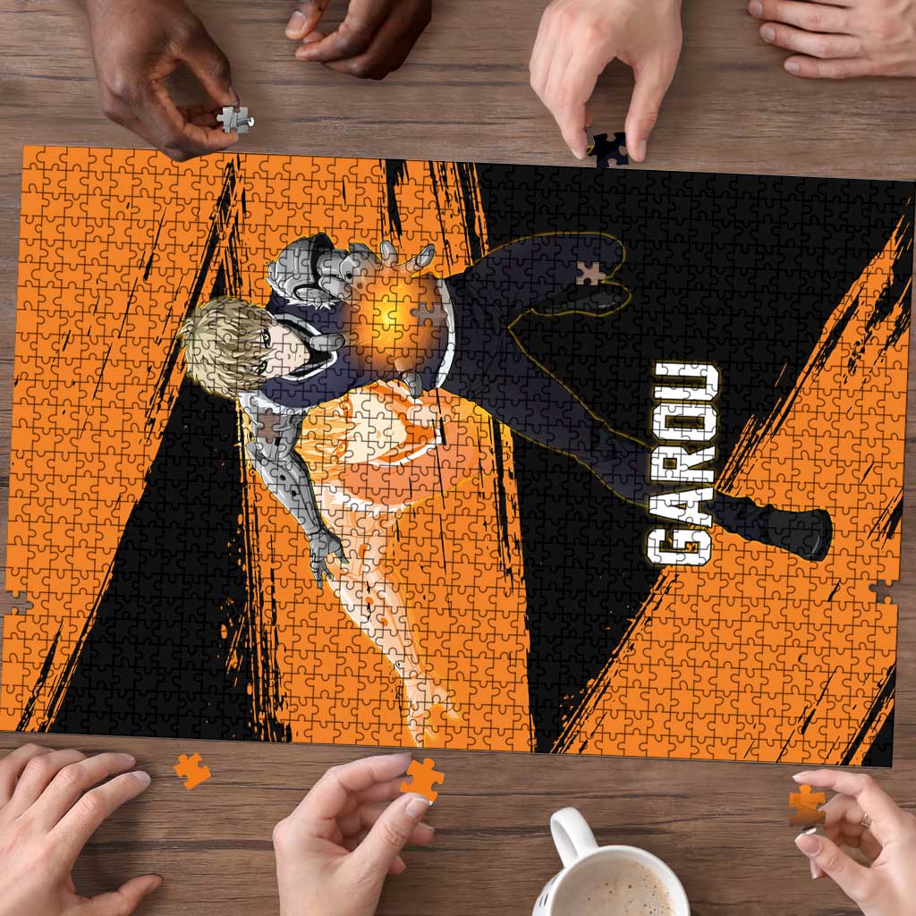 Genos One Punch Man Anime Orange and Black Theme Puzzle with Cyborg Arm Blast and Intense Action Pose - The Mazicc