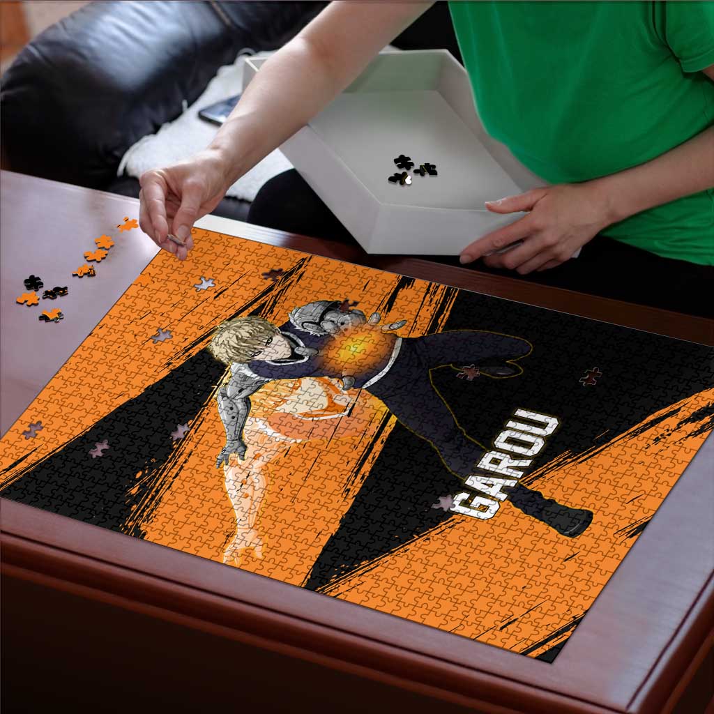 Genos One Punch Man Anime Orange and Black Theme Puzzle with Cyborg Arm Blast and Intense Action Pose - The Mazicc