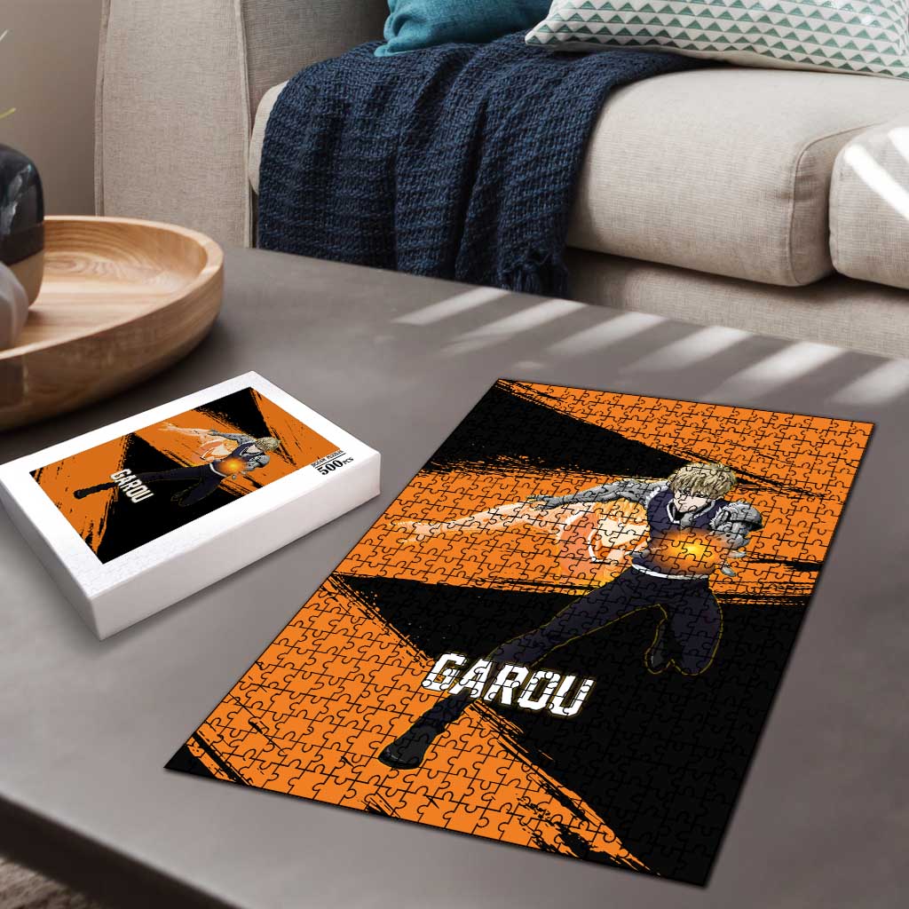 Genos One Punch Man Anime Orange and Black Theme Puzzle with Cyborg Arm Blast and Intense Action Pose - The Mazicc