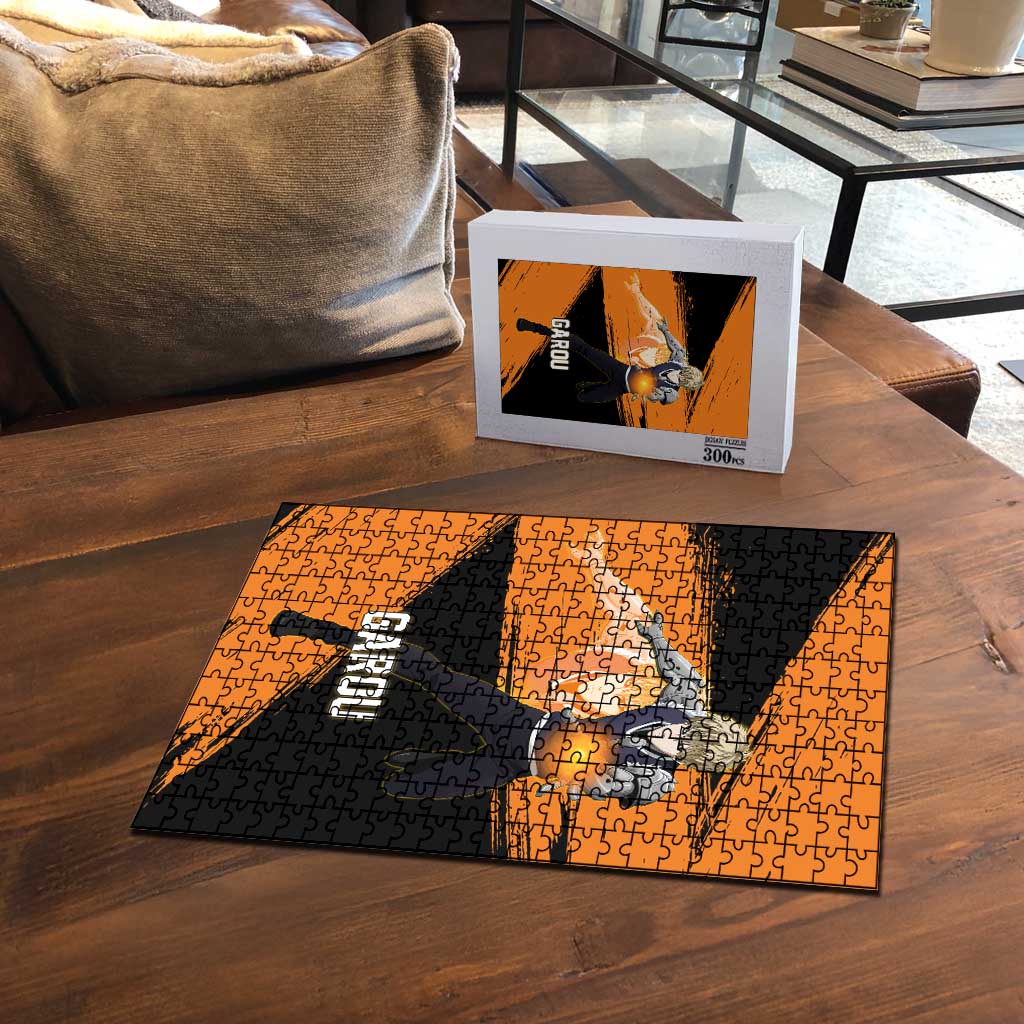 Genos One Punch Man Anime Orange and Black Theme Puzzle with Cyborg Arm Blast and Intense Action Pose - The Mazicc