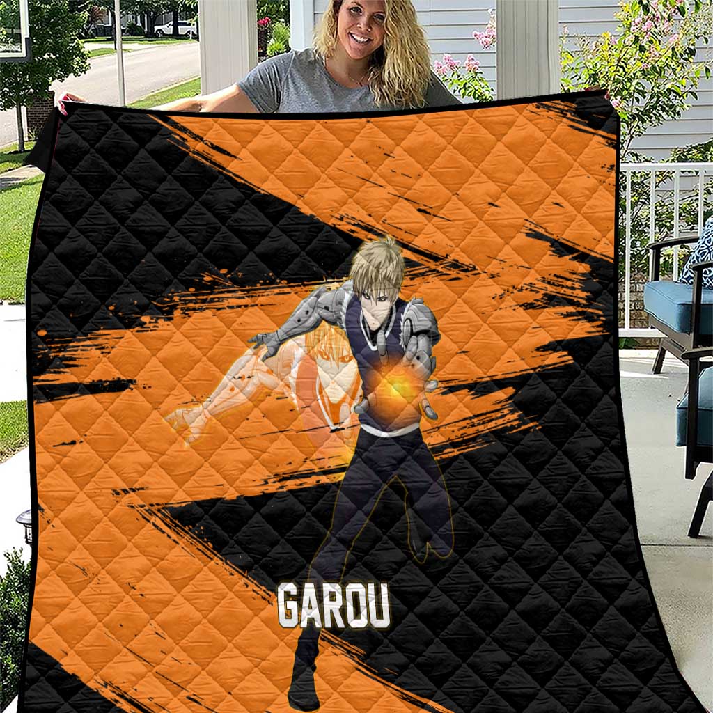 Genos One Punch Man Anime Orange and Black Theme Quilt with Cyborg Arm Blast and Intense Action Pose - The Mazicc