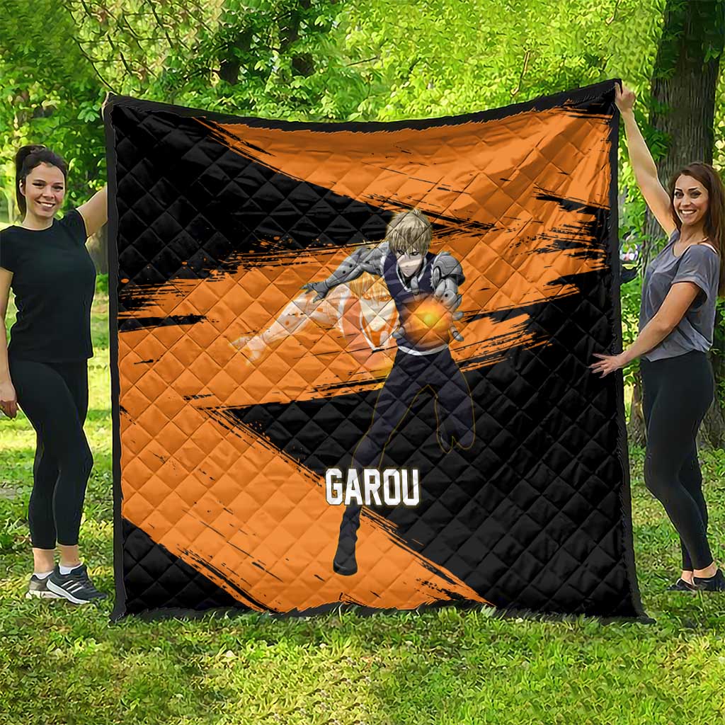 Genos One Punch Man Anime Orange and Black Theme Quilt with Cyborg Arm Blast and Intense Action Pose - The Mazicc