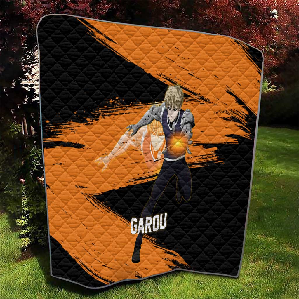 Genos One Punch Man Anime Orange and Black Theme Quilt with Cyborg Arm Blast and Intense Action Pose - The Mazicc