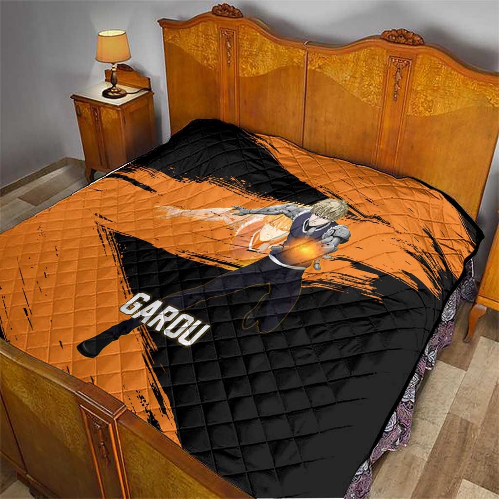 Genos One Punch Man Anime Orange and Black Theme Quilt with Cyborg Arm Blast and Intense Action Pose - The Mazicc
