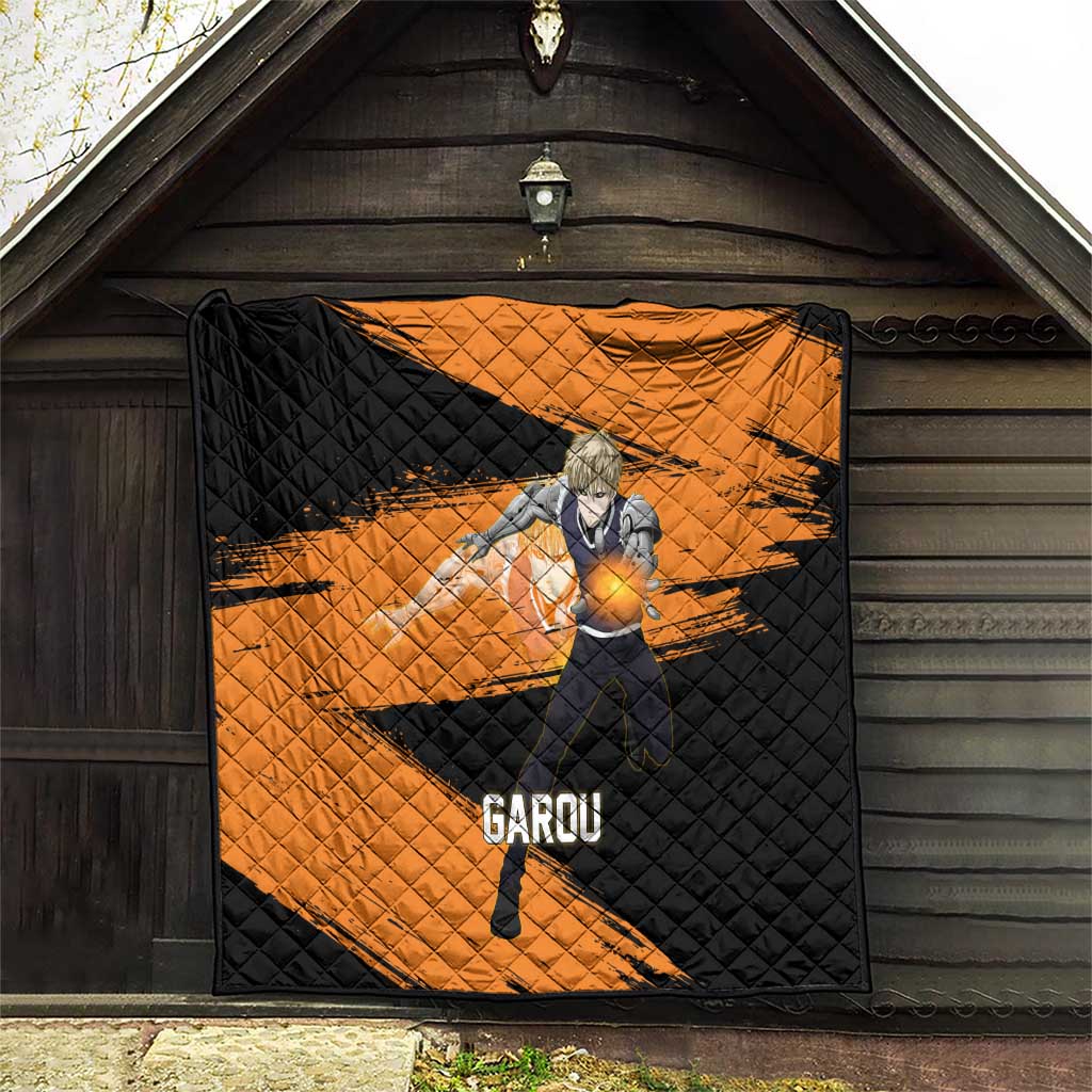 Genos One Punch Man Anime Orange and Black Theme Quilt with Cyborg Arm Blast and Intense Action Pose - The Mazicc