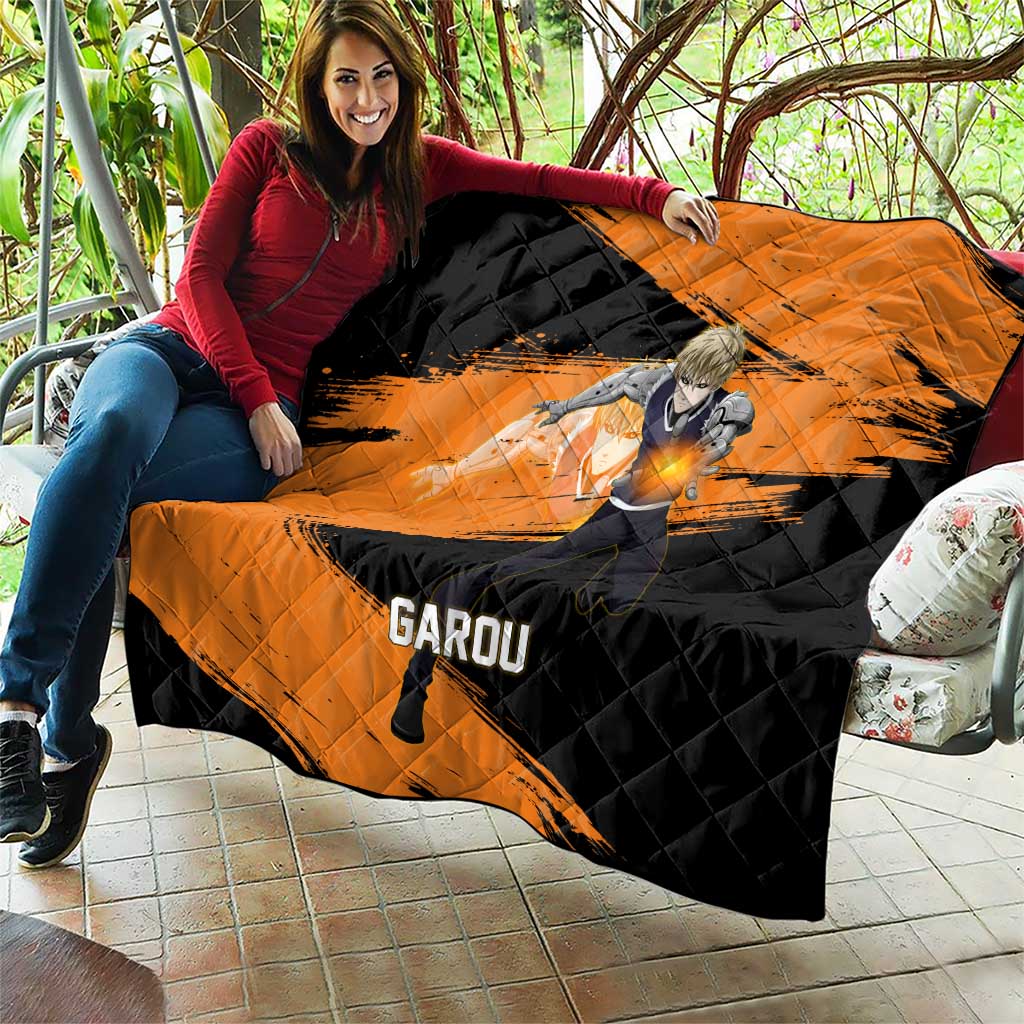 Genos One Punch Man Anime Orange and Black Theme Quilt with Cyborg Arm Blast and Intense Action Pose - The Mazicc