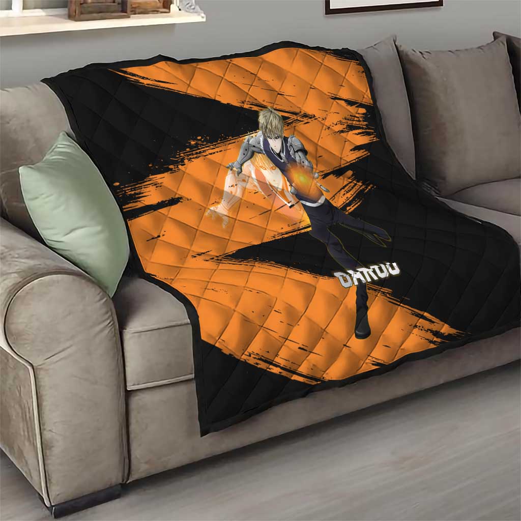 Genos One Punch Man Anime Orange and Black Theme Quilt with Cyborg Arm Blast and Intense Action Pose - The Mazicc