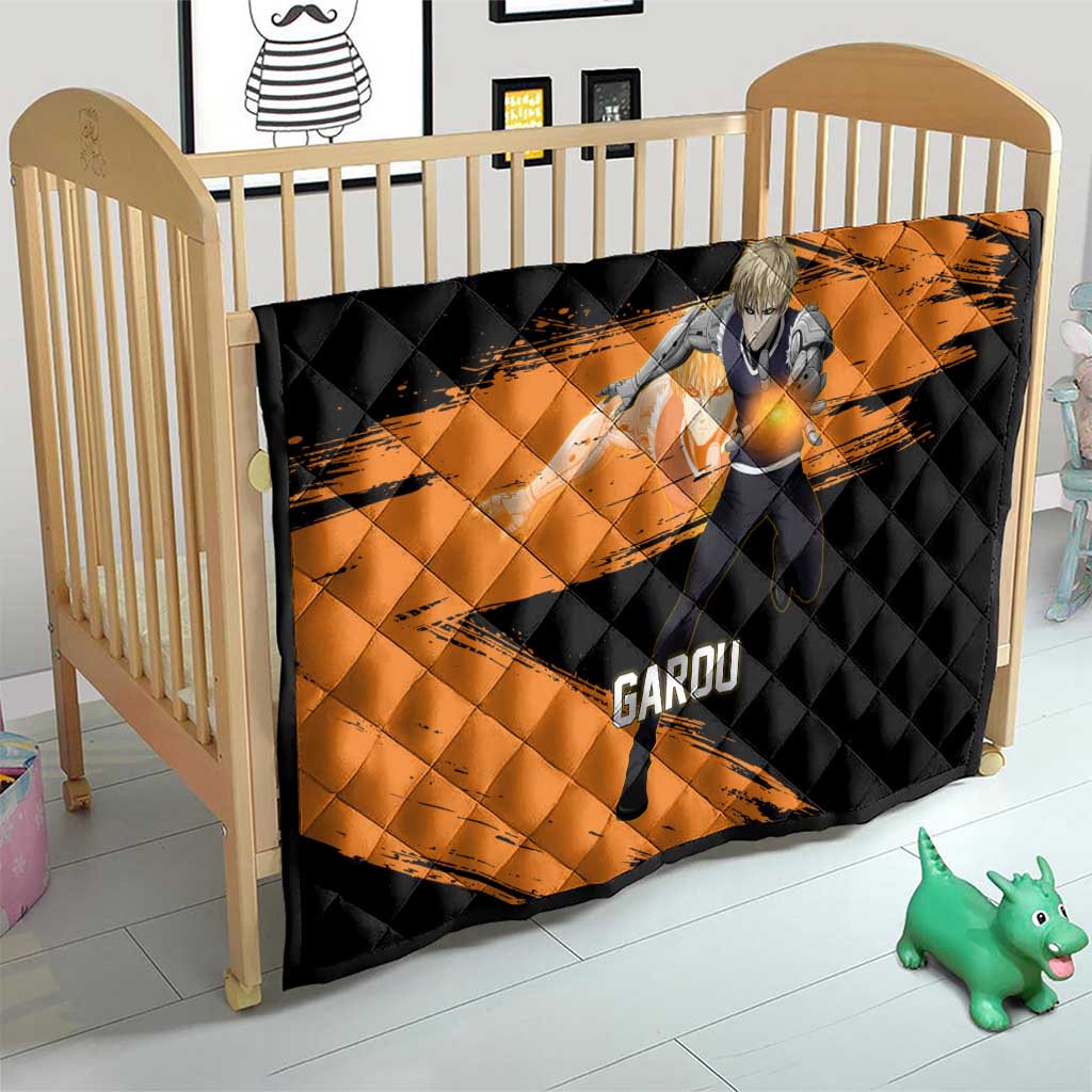 Genos One Punch Man Anime Orange and Black Theme Quilt with Cyborg Arm Blast and Intense Action Pose - The Mazicc