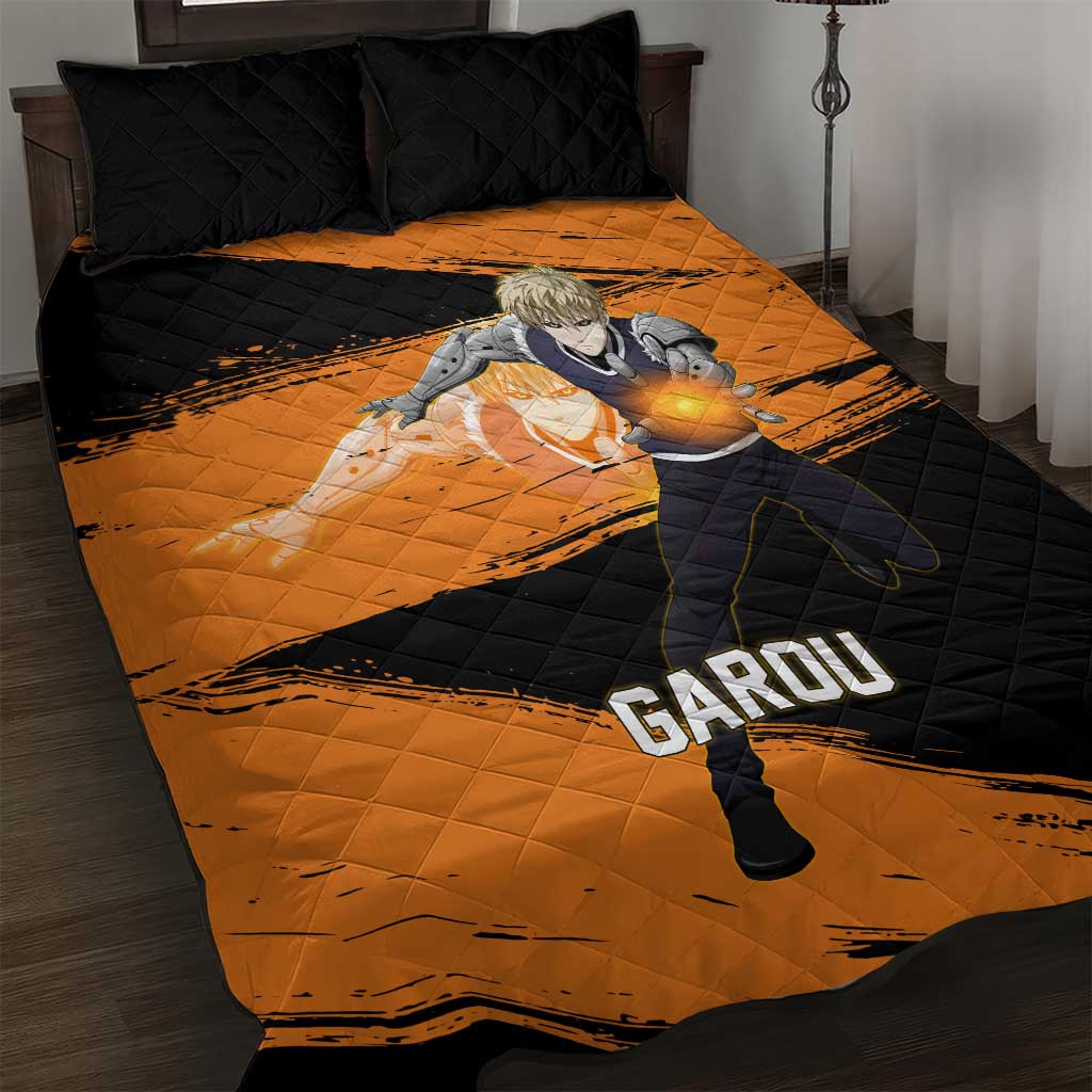 Genos One Punch Man Anime Orange and Black Theme Quilt Bed Set with Cyborg Arm Blast and Intense Action Pose - The Mazicc