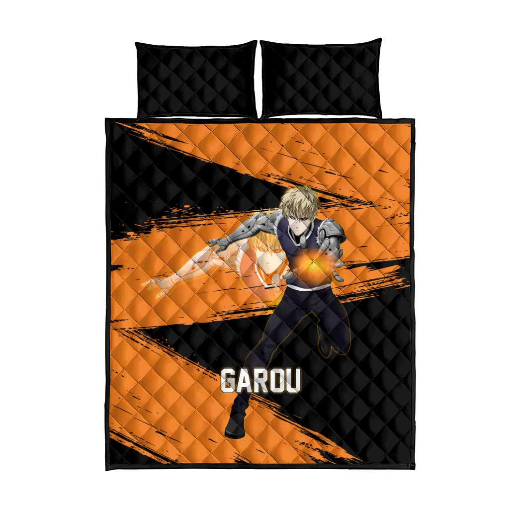 Genos One Punch Man Anime Orange and Black Theme Quilt Bed Set with Cyborg Arm Blast and Intense Action Pose - The Mazicc