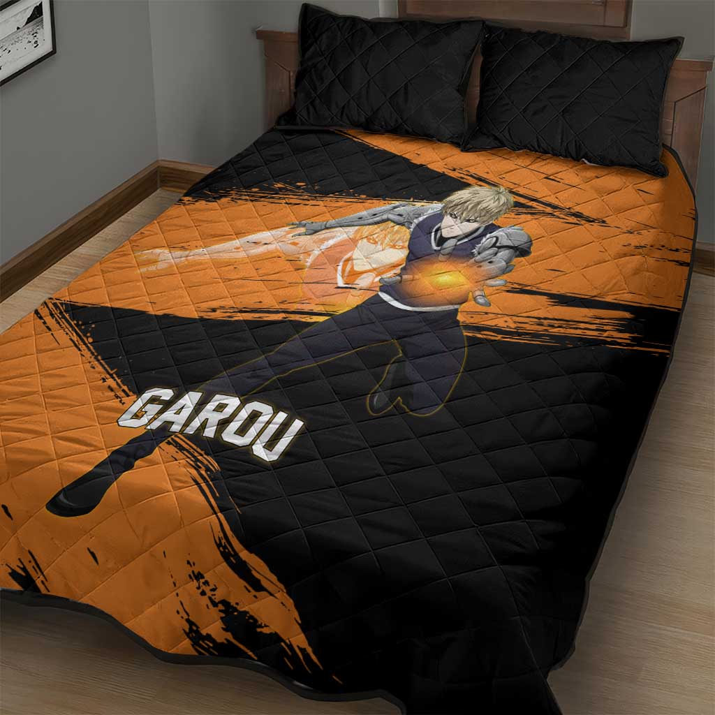 Genos One Punch Man Anime Orange and Black Theme Quilt Bed Set with Cyborg Arm Blast and Intense Action Pose - The Mazicc