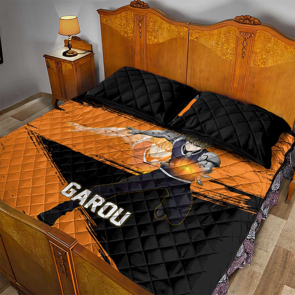 Genos One Punch Man Anime Orange and Black Theme Quilt Bed Set with Cyborg Arm Blast and Intense Action Pose - The Mazicc