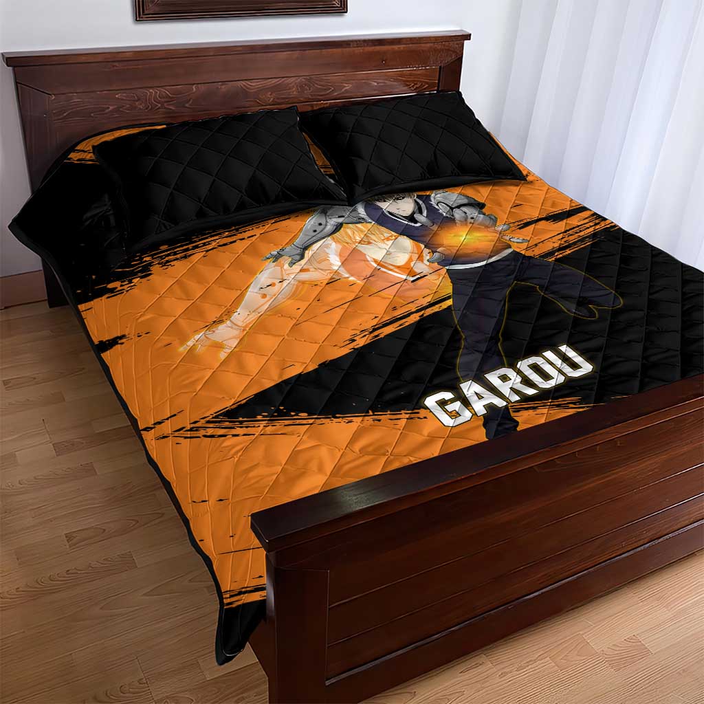 Genos One Punch Man Anime Orange and Black Theme Quilt Bed Set with Cyborg Arm Blast and Intense Action Pose - The Mazicc