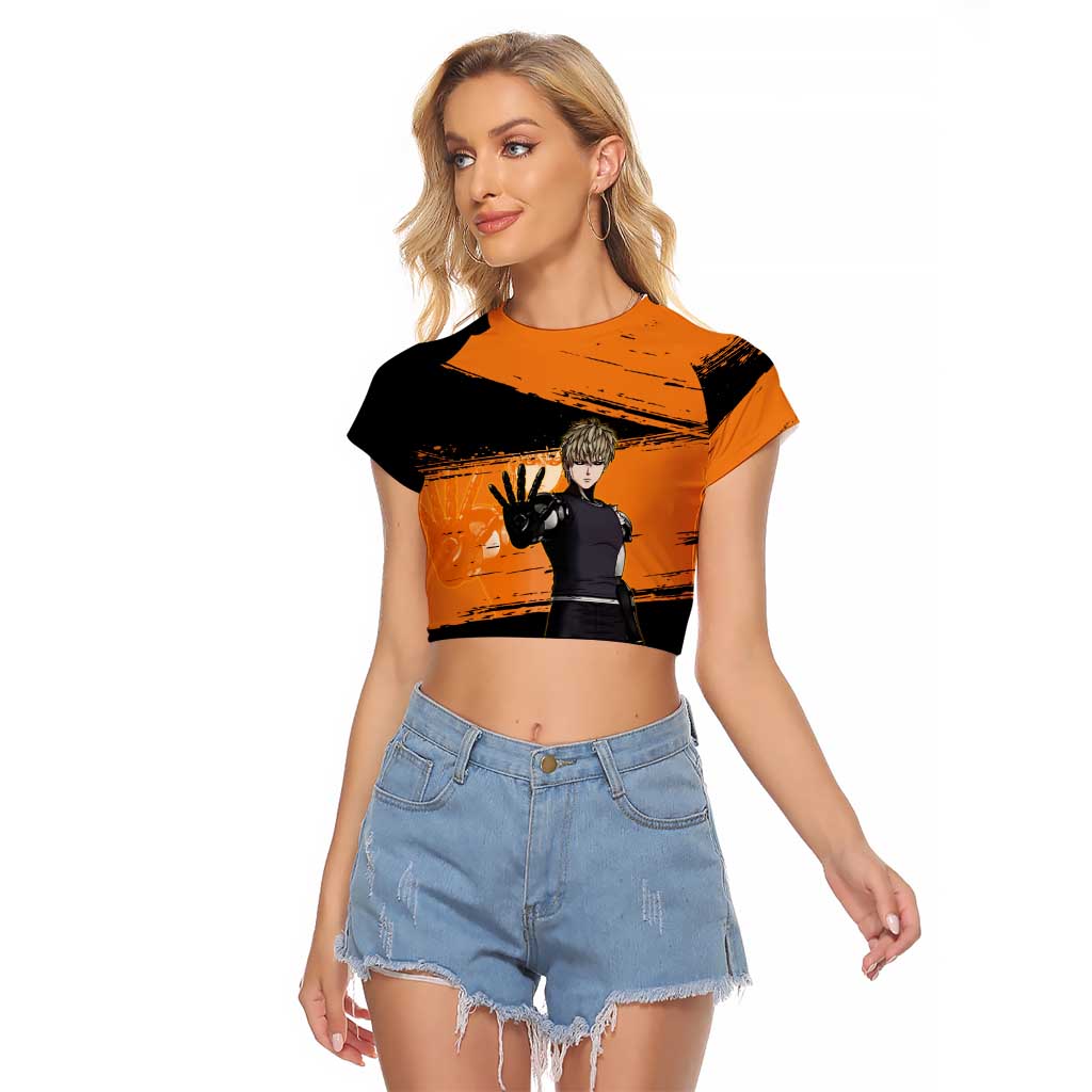 Genos One Punch Man Anime Orange and Black Theme Raglan Cropped T Shirt with Cyborg Arm Blast and Intense Action Pose - The Mazicc