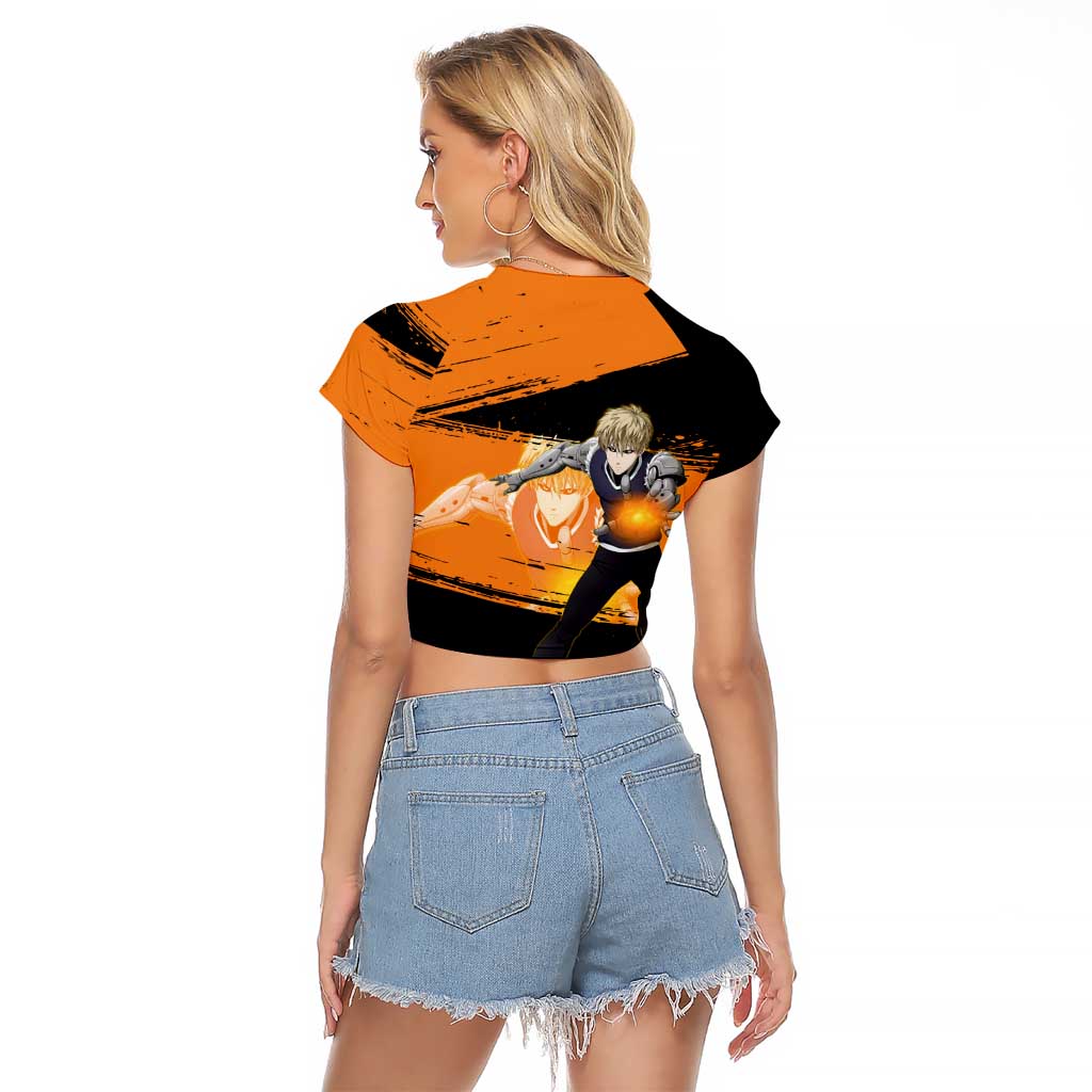 Genos One Punch Man Anime Orange and Black Theme Raglan Cropped T Shirt with Cyborg Arm Blast and Intense Action Pose - The Mazicc