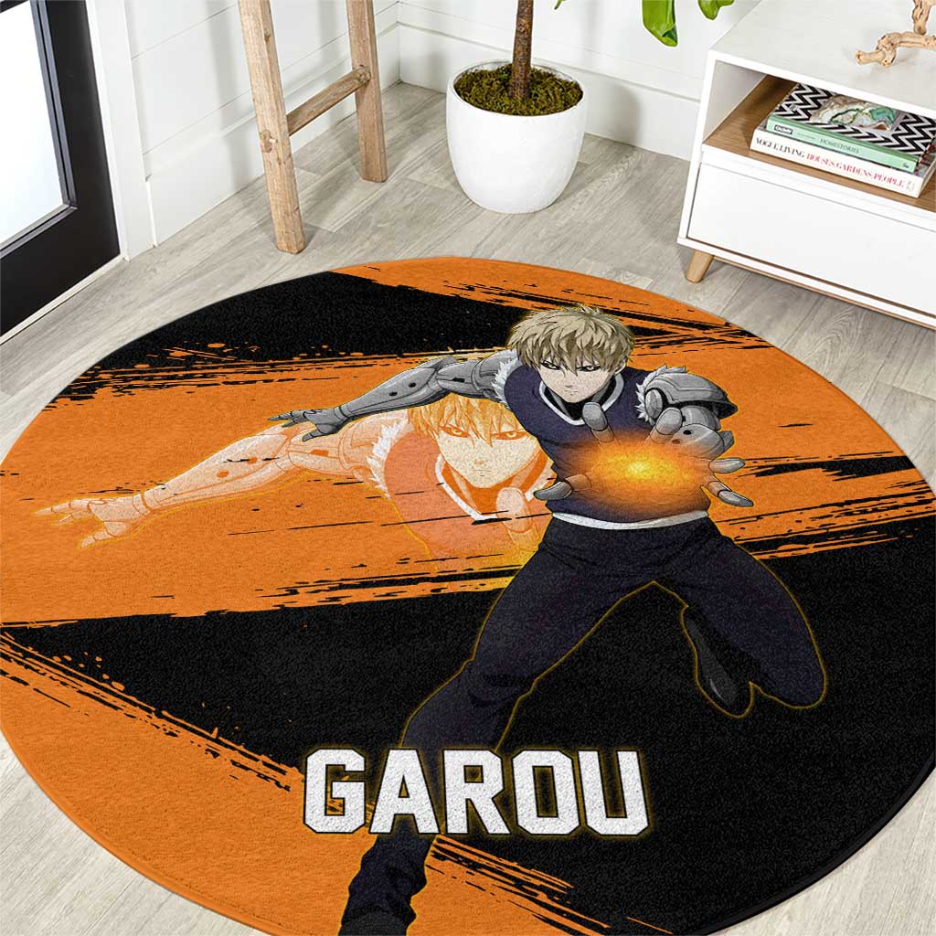 Genos One Punch Man Anime Orange and Black Theme Round Carpet with Cyborg Arm Blast and Intense Action Pose - The Mazicc