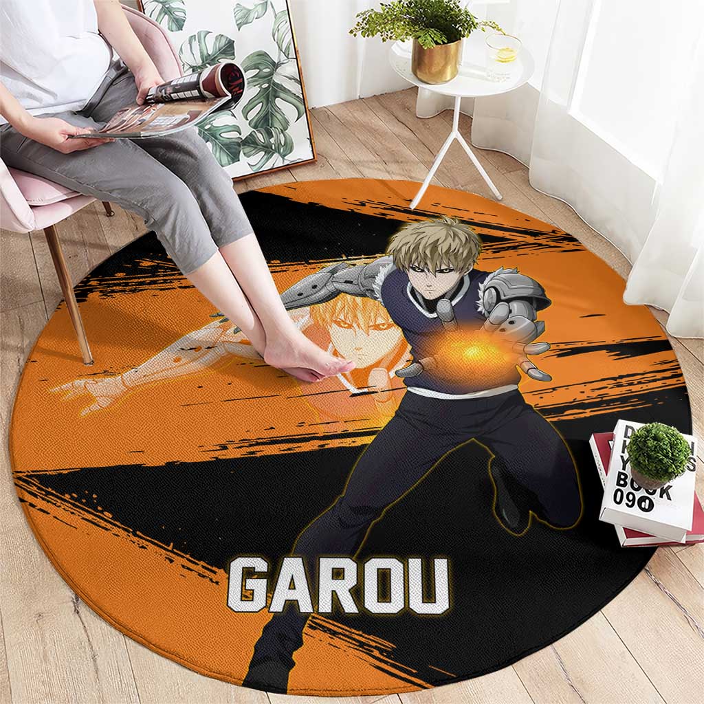 Genos One Punch Man Anime Orange and Black Theme Round Carpet with Cyborg Arm Blast and Intense Action Pose - The Mazicc