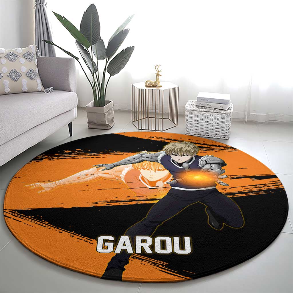Genos One Punch Man Anime Orange and Black Theme Round Carpet with Cyborg Arm Blast and Intense Action Pose - The Mazicc