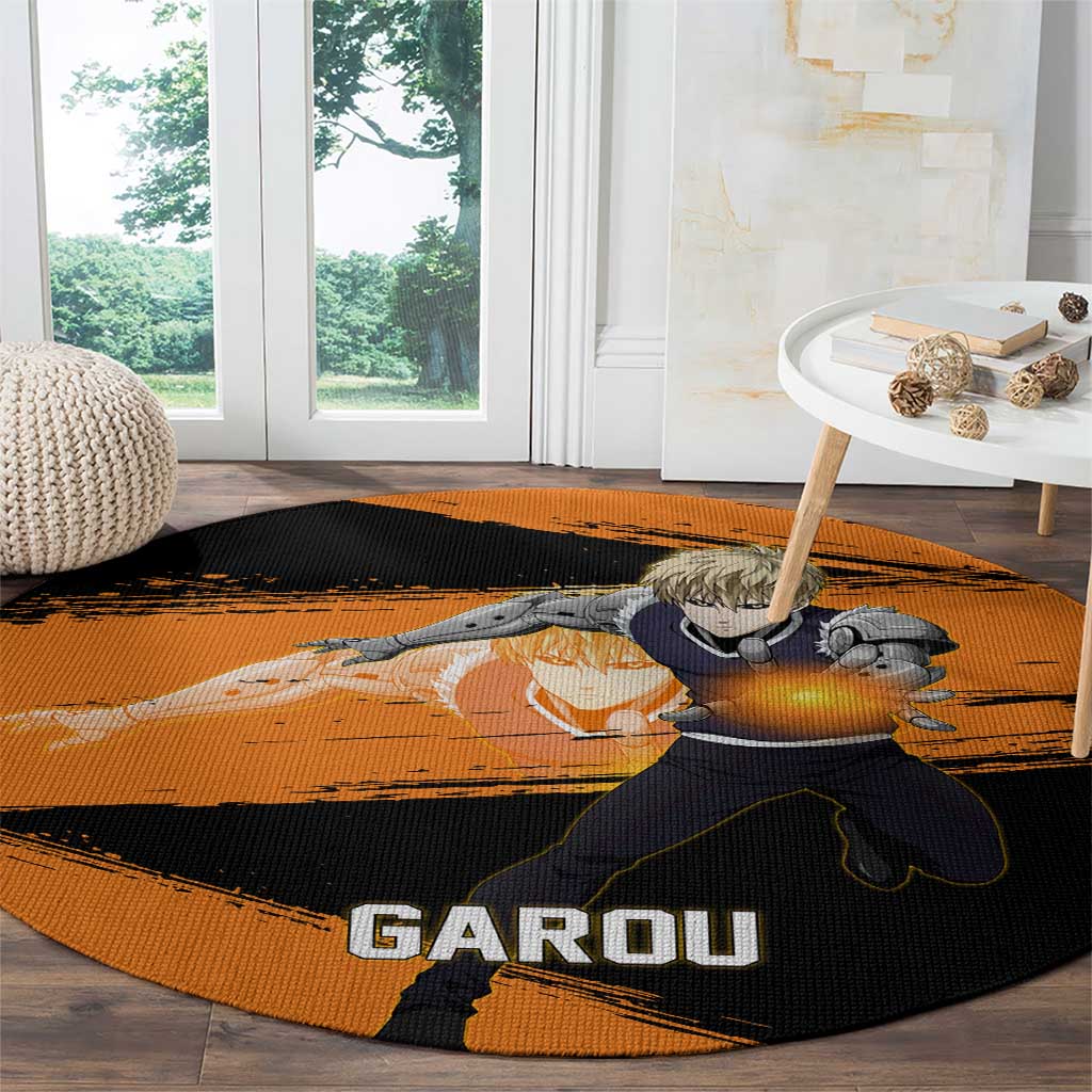 Genos One Punch Man Anime Orange and Black Theme Round Carpet with Cyborg Arm Blast and Intense Action Pose - The Mazicc