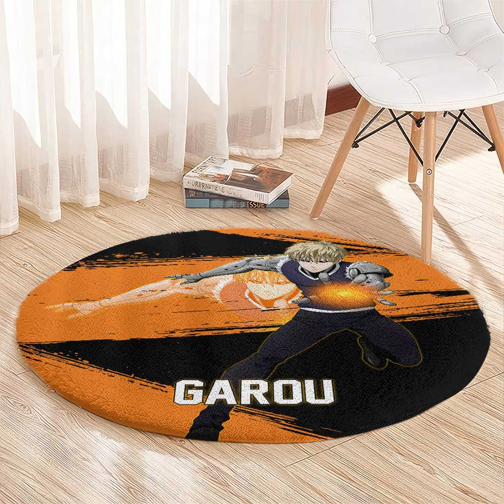 Genos One Punch Man Anime Orange and Black Theme Round Carpet with Cyborg Arm Blast and Intense Action Pose - The Mazicc