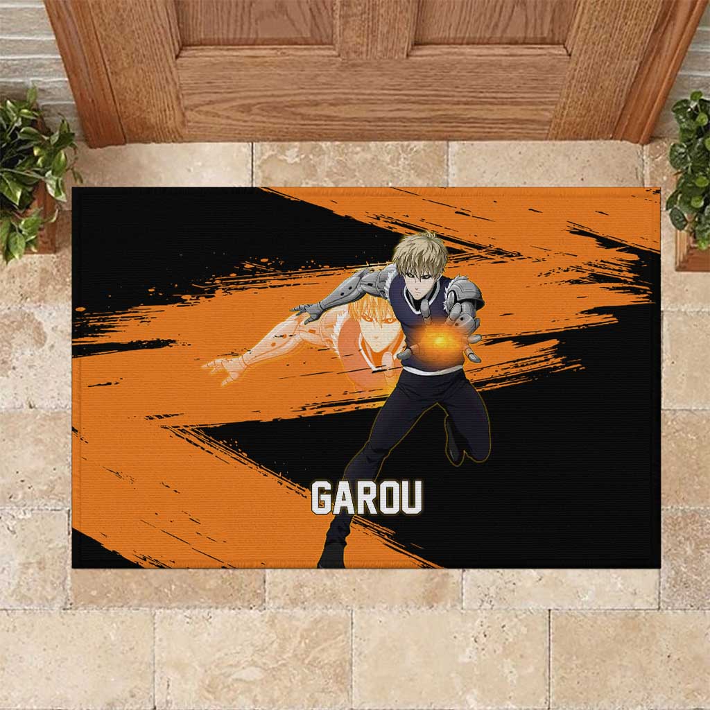 Genos One Punch Man Anime Orange and Black Theme Rubber Doormat with Cyborg Arm Blast and Intense Action Pose - The Mazicc