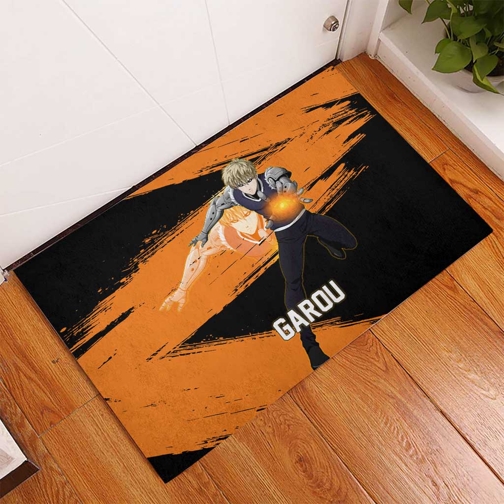 Genos One Punch Man Anime Orange and Black Theme Rubber Doormat with Cyborg Arm Blast and Intense Action Pose - The Mazicc
